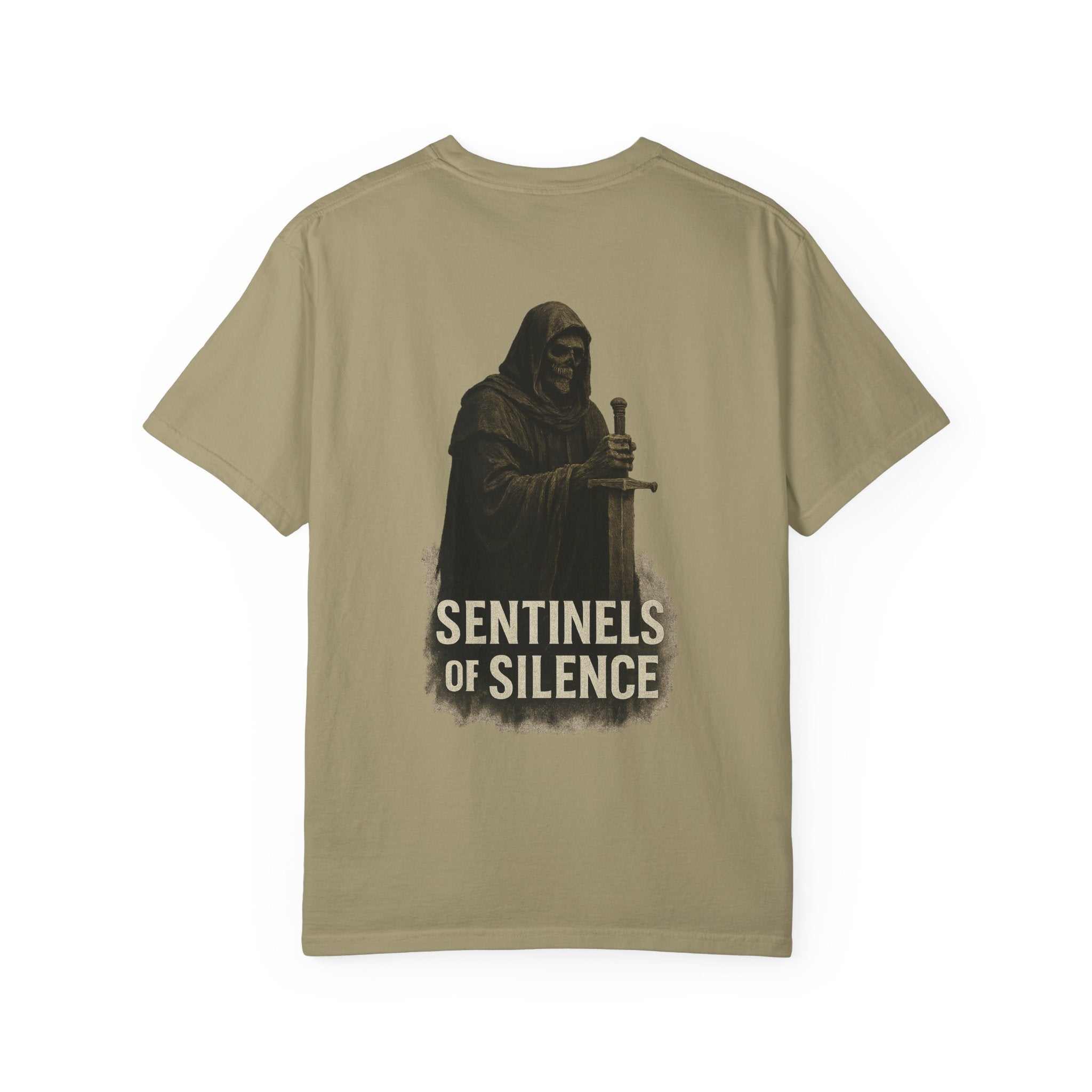 Sentinels of Silence unisex t-shirt with mysterious cloaked figure holding sword design