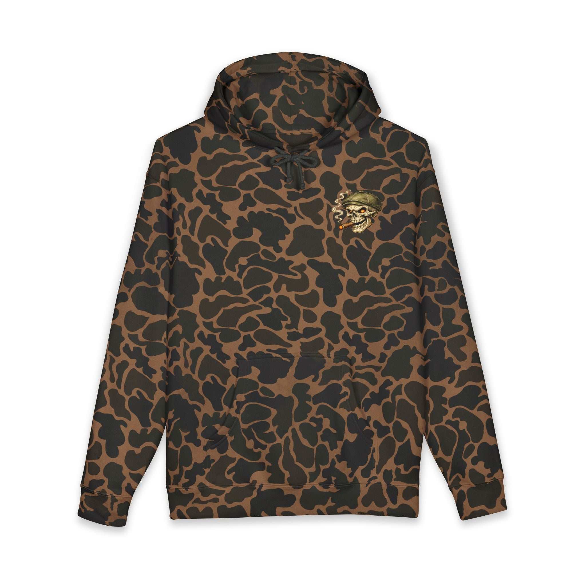 Skull Cigar Hoodie with skull and cigar graphic on muted camo heavyweight pullover hoodie