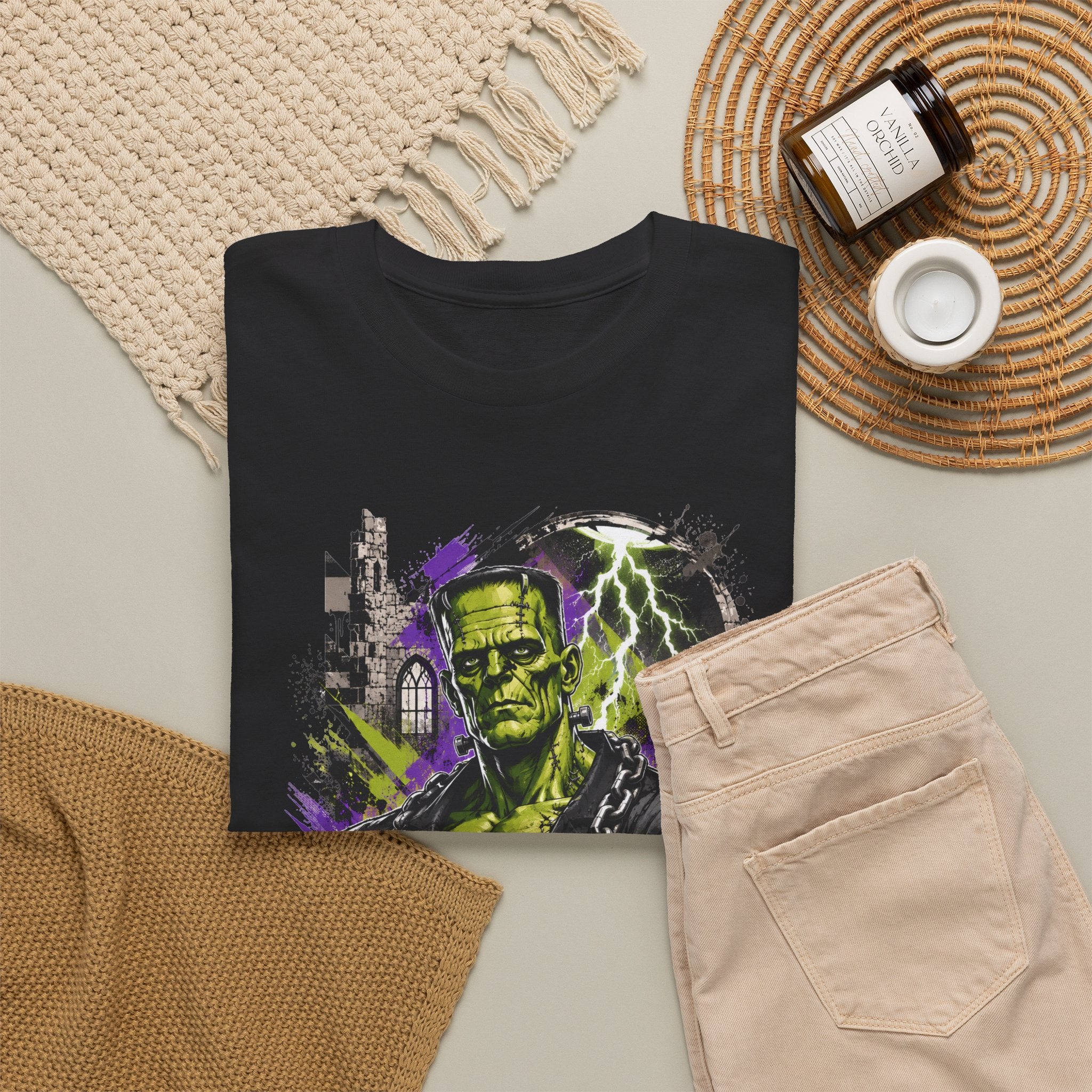 Frankenstein Monster Abstract Tee — "UNFKW TBL" Neon Horror Graphic Shirt