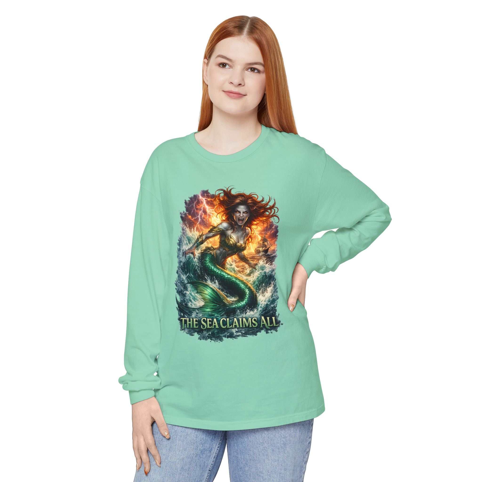 Mermaid Graphic Long Sleeve Tee — "The Sea Claims All" Nautical Fantasy Shirt