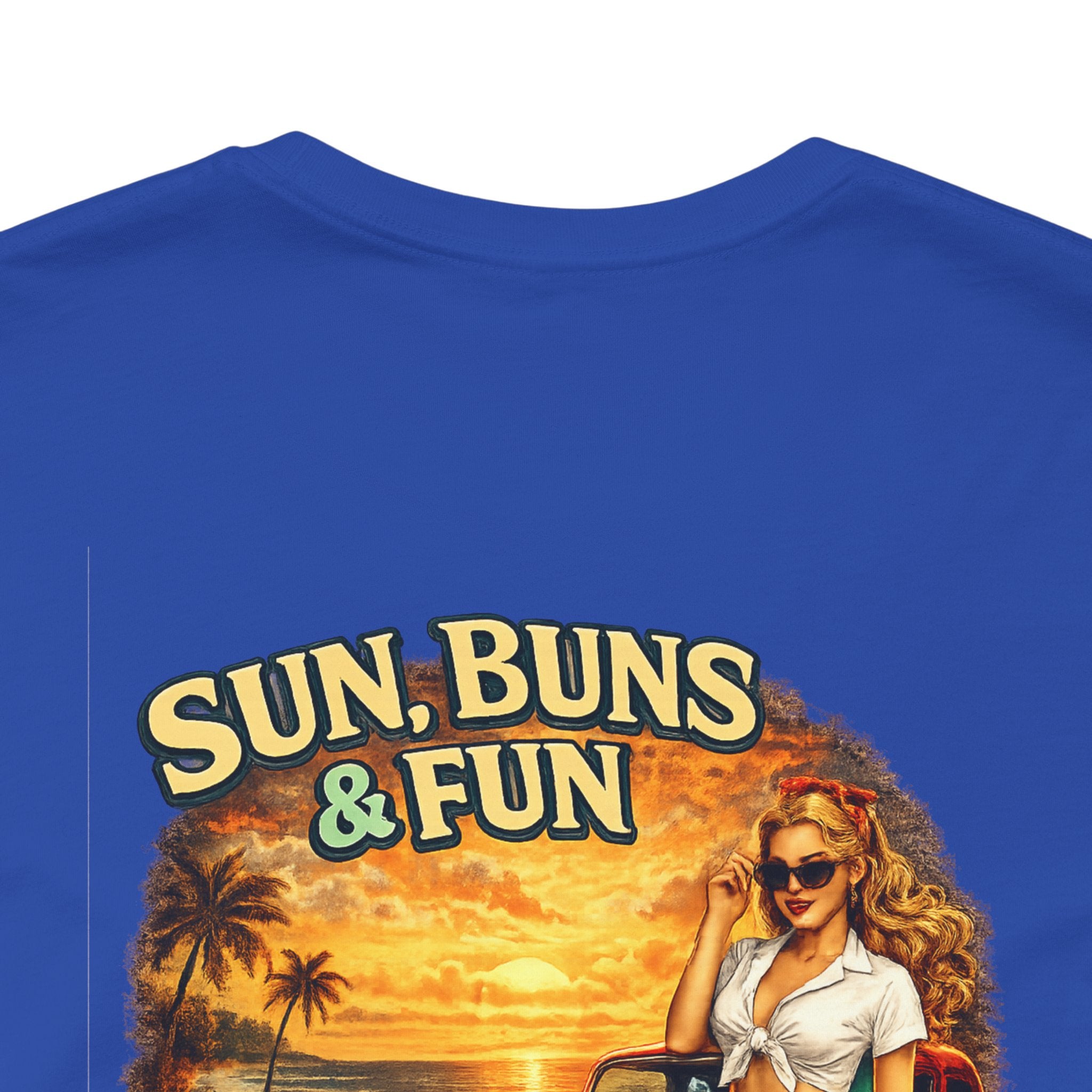 Sun, Buns & Fun Tee — Retro Pin-Up Hot Rod Beach T-Shirt