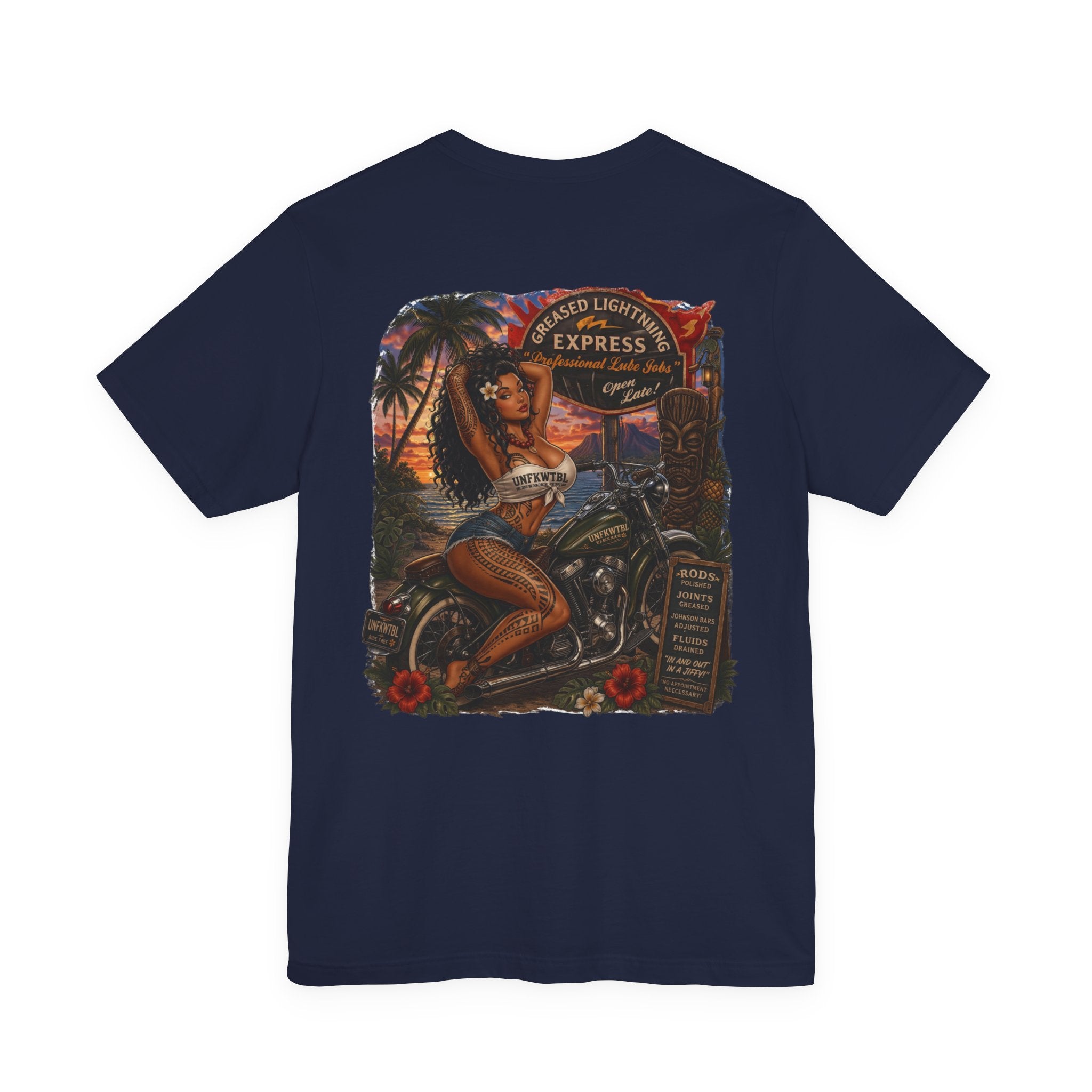 Motorcycle Pin-Up Tee — Sunset Riders Graphic T-Shirt