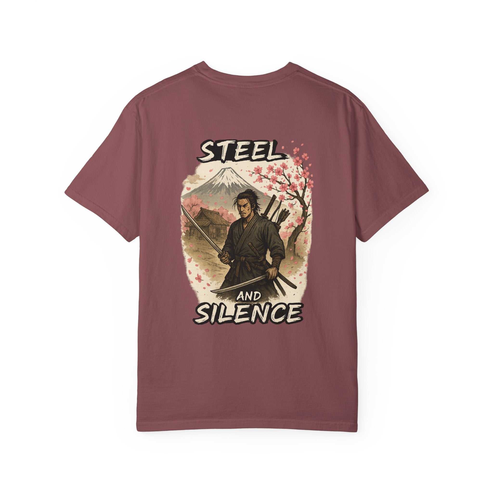 Unisex Steel and Silence T-shirt with samurai and mountain graphic on back in steel color
