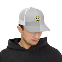 Smiley Winky Trucker Hat — Embroidered Distressed Yellow Smiley Snapback