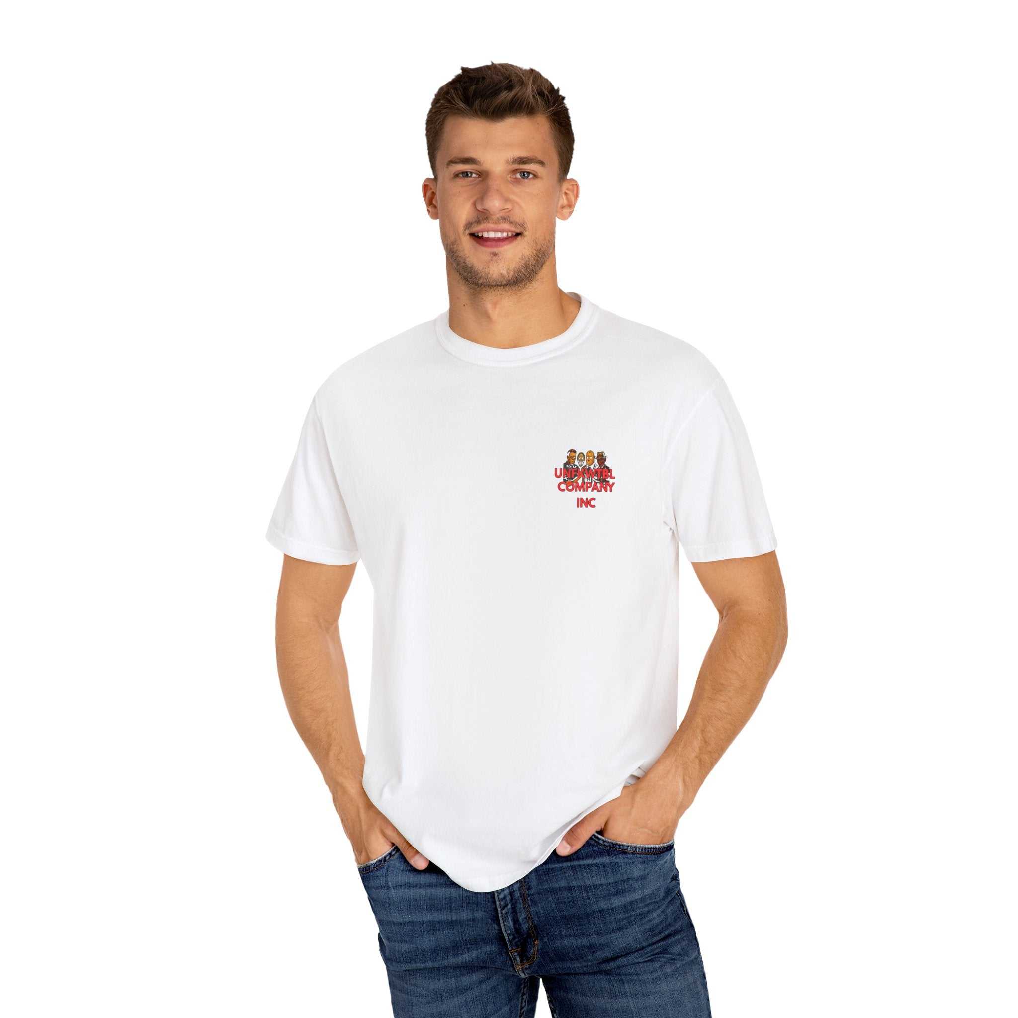 Horror Movie Legends unisex white t-shirt with graphic of Freddy Krueger, Michael Myers, Jason Voorhees, and Pinhead