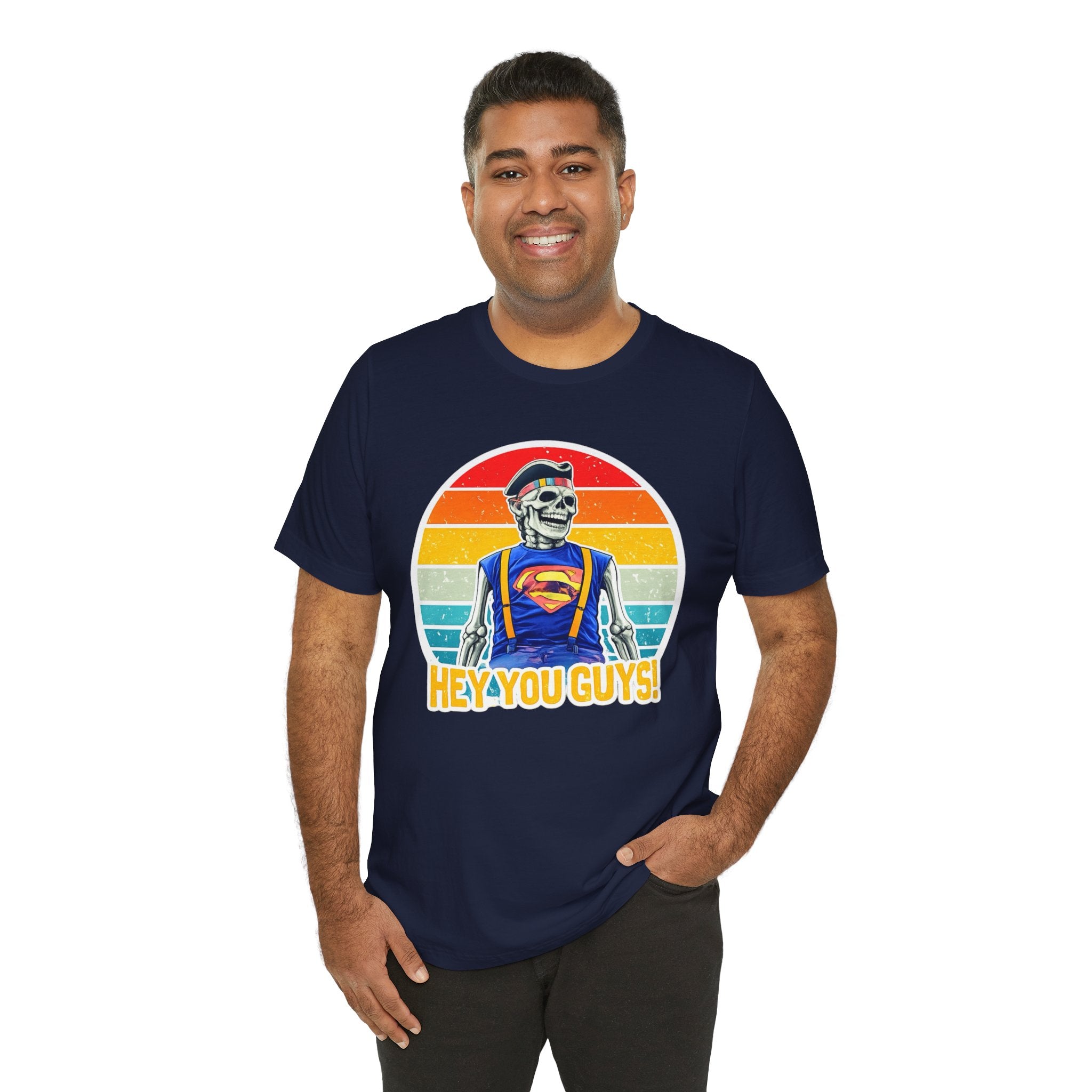 Skeleton Superfan Tee — "Hey You Guys!" Retro Vintage Graphic T-Shirt