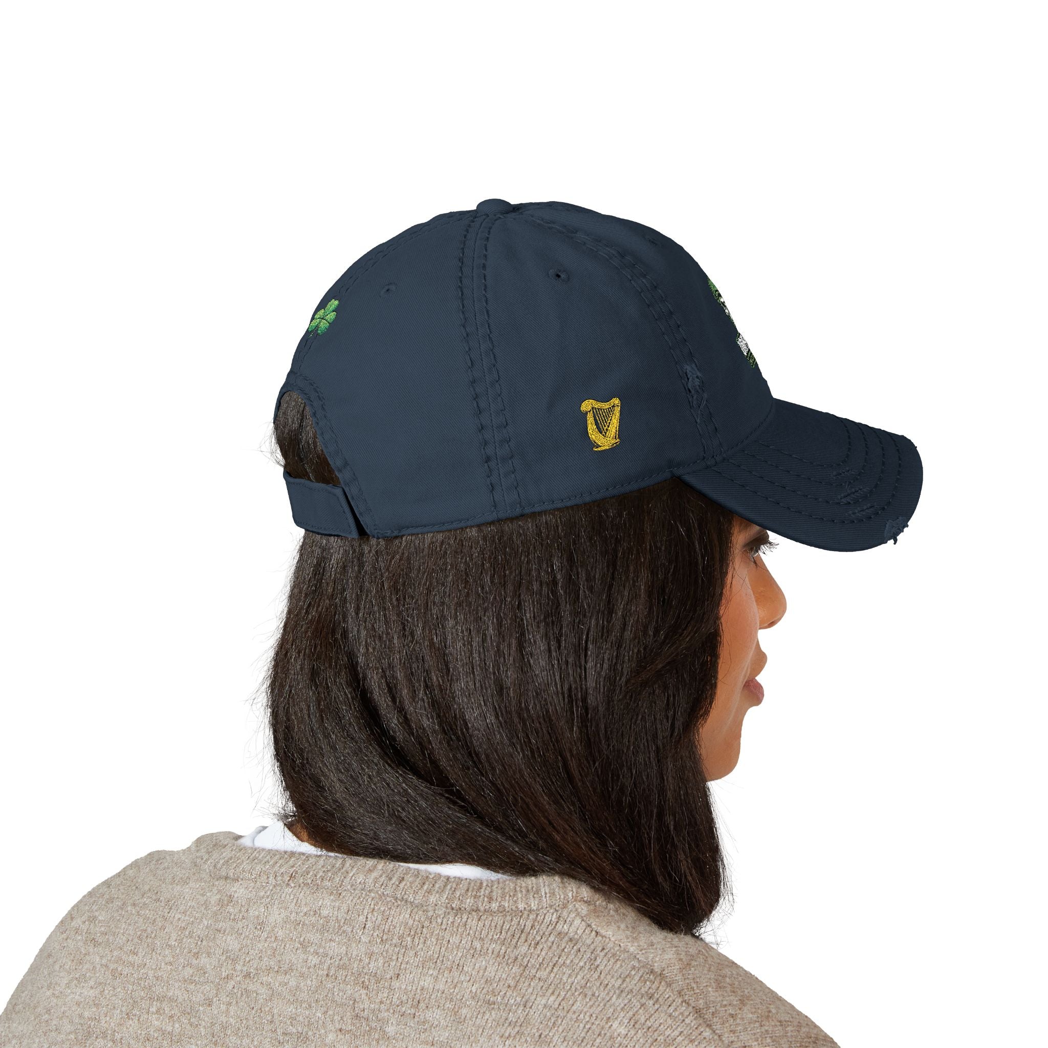 Distressed Embroidered Dad Hat — Green Skull & Shamrock "UNFRWTBL"
