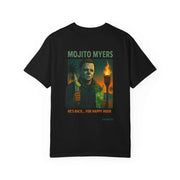 Black unisex t-shirt featuring Mojito Myers horror character with killer cocktails design and happy hour text