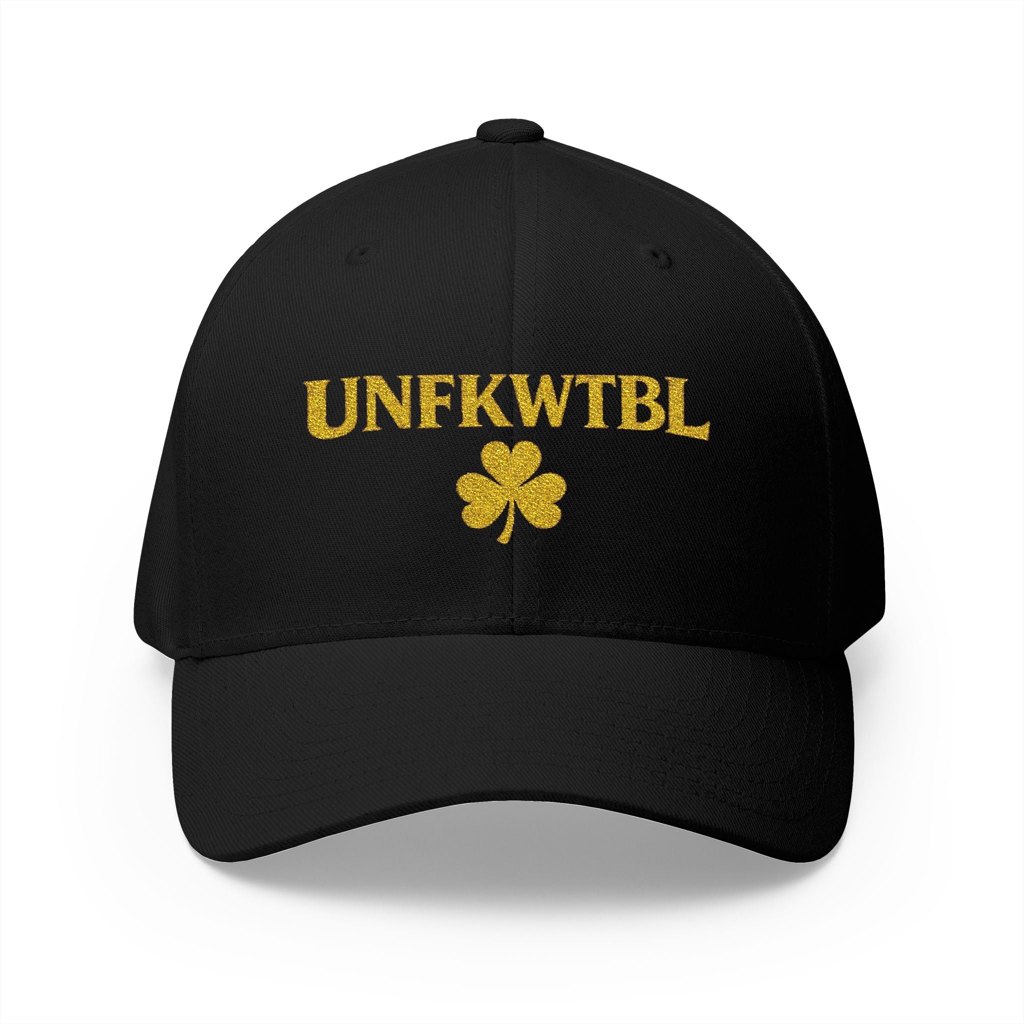 White embroidered 'UNFKWTBL' clover baseball cap with gold stitching and silver undervisor
