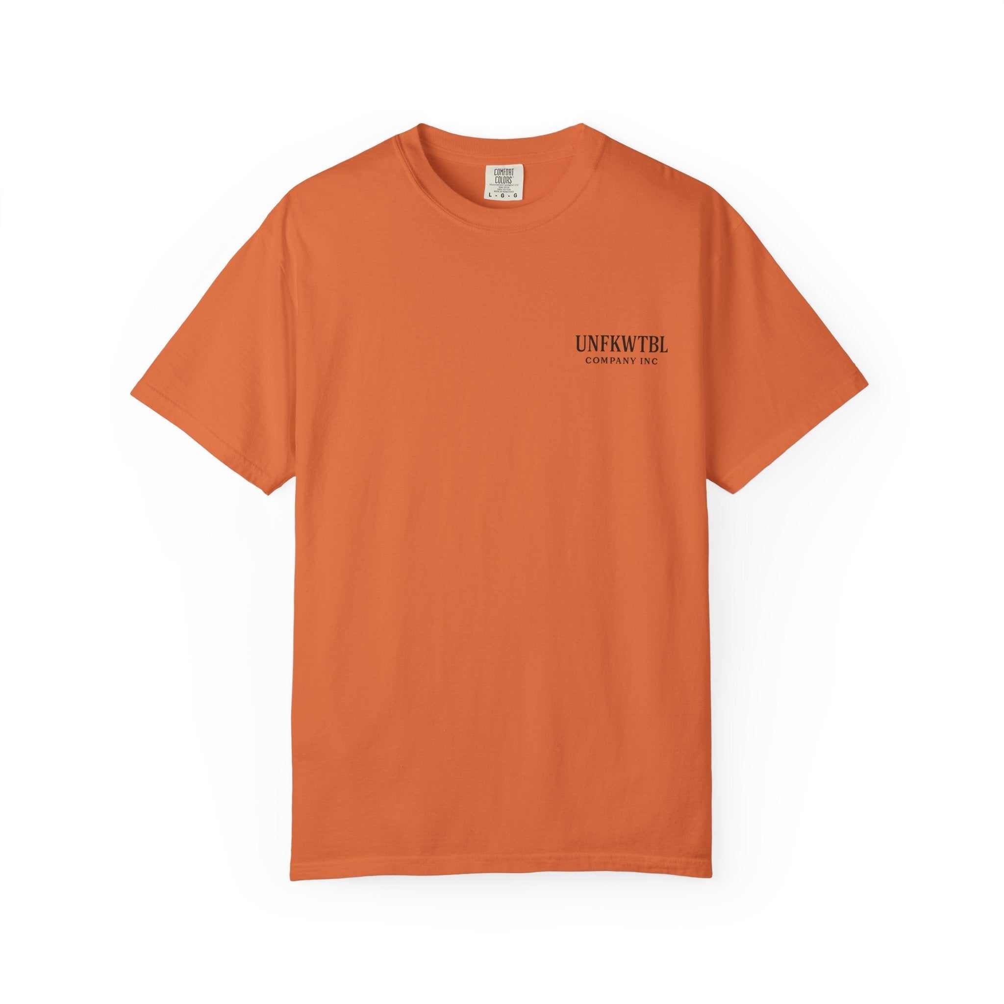 Unisex steel-colored garment-dyed T-shirt with "UNFKWTBL Company Inc." text, crew neck and relaxed fit