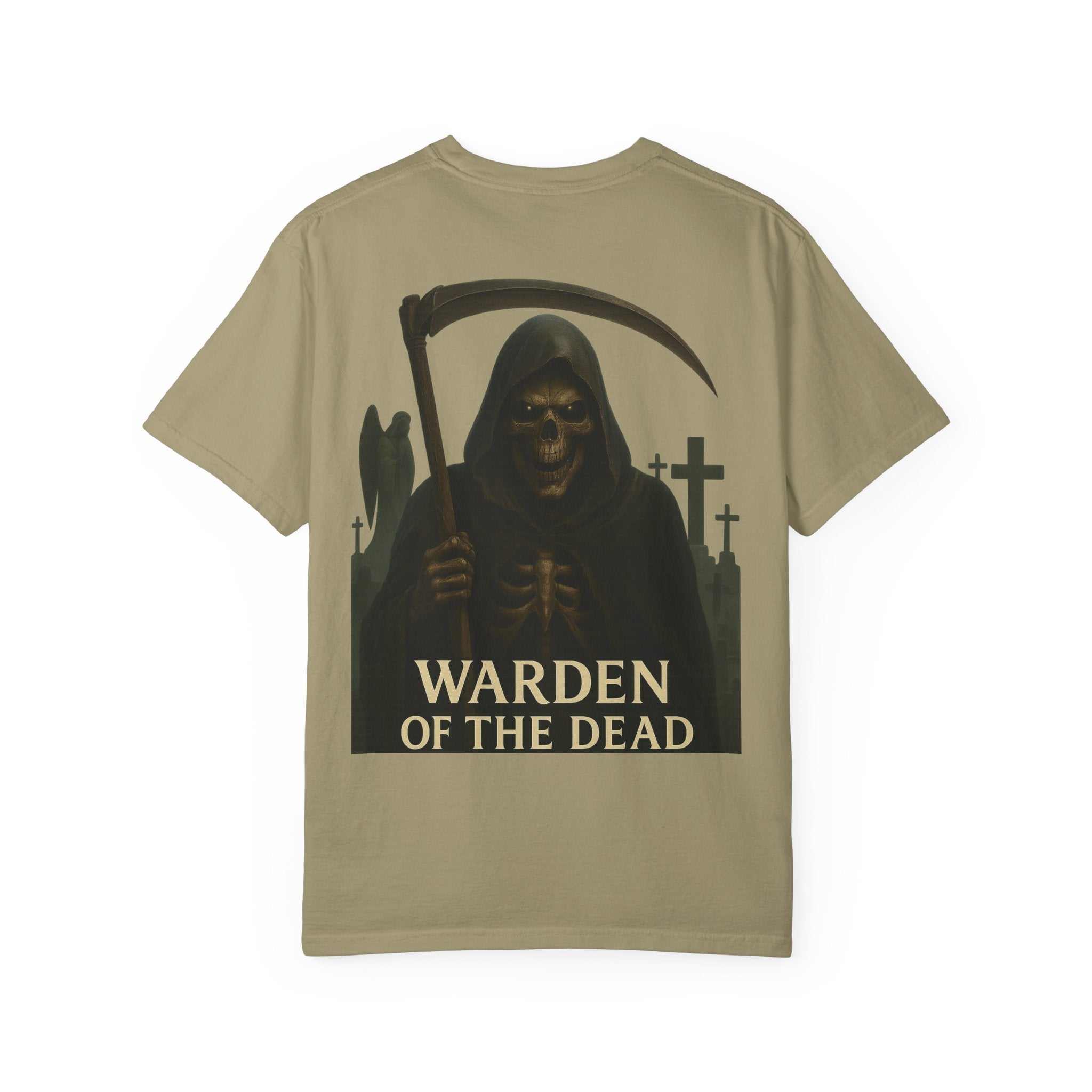 Unisex Warden of the Dead t-shirt with skeleton graphic and scythe, casual streetwear Halloween tee