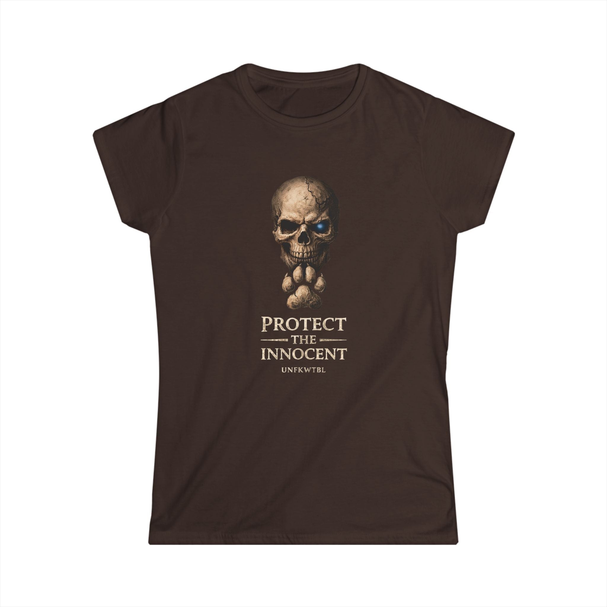 Protect the Innocent Skull Tee — “Harm Them… Answer For It.” Graphic Women’s Shirt