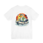 T-Shirt — Retro Pelican on Inflatable Tube Graphic Tee (Beach Vacation, Tropical Sunset)