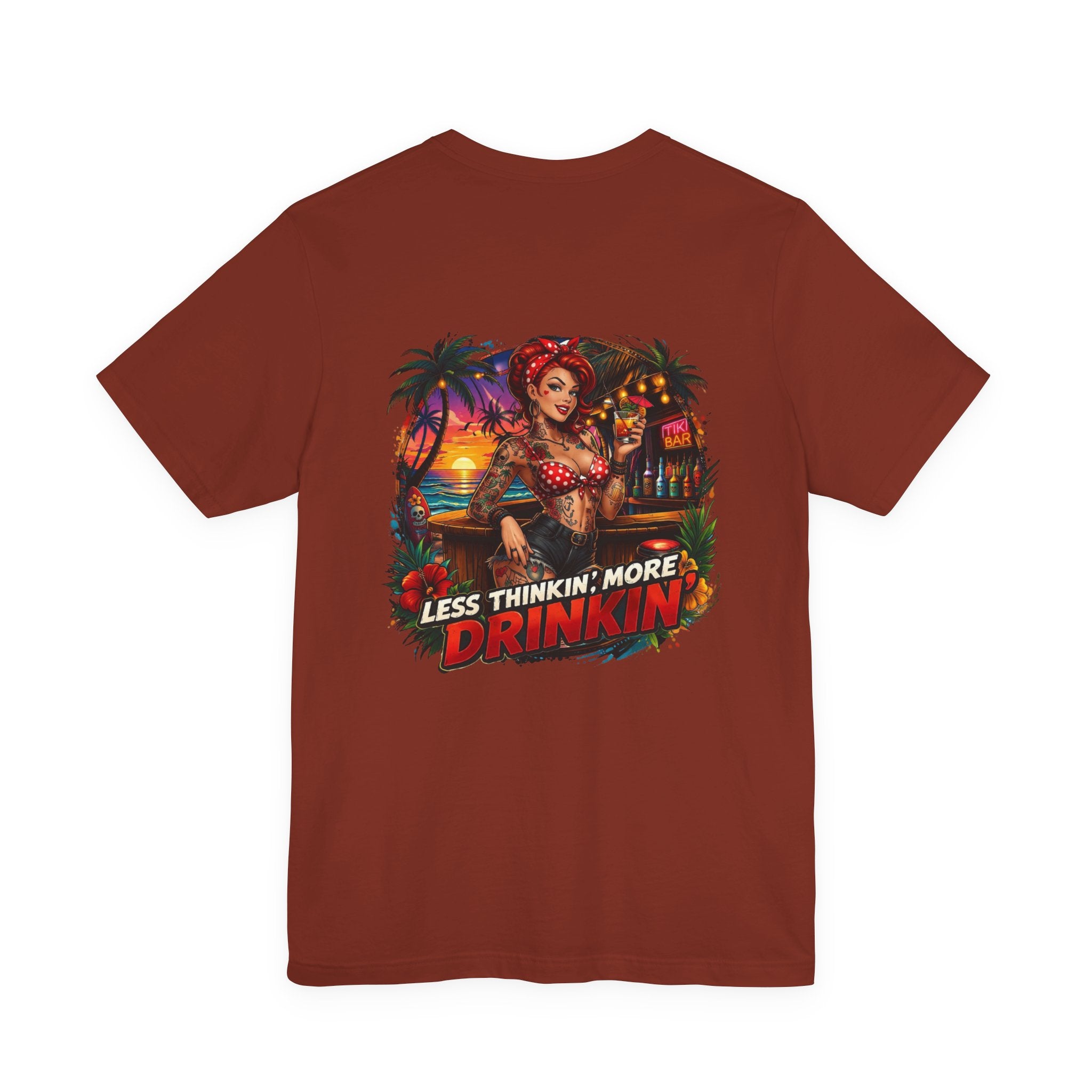 Beach Pinup T‑Shirt — "Less Thinkin', More Drinkin'" Retro Tropical Tee