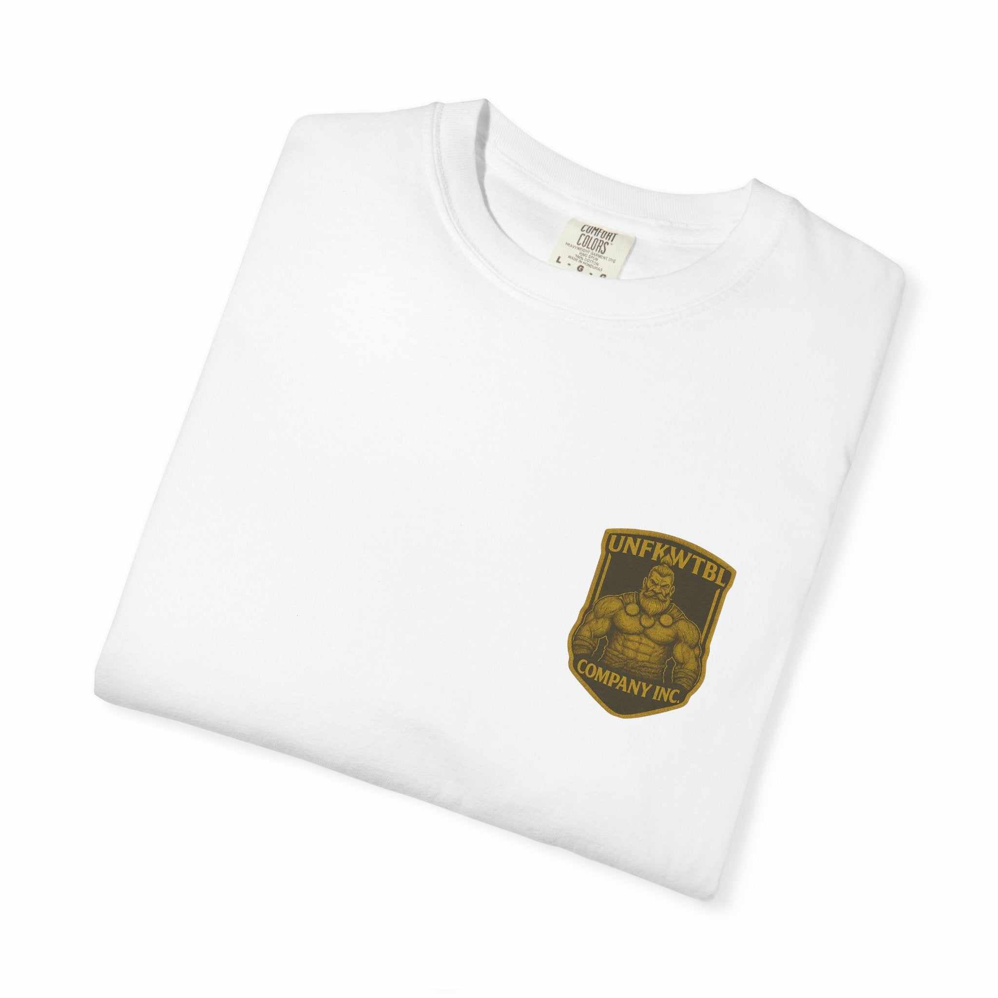 Folded white unisex tee with gold Death Angel Wings emblem on chest, made of soft 100% US cotton with durable double-needle stitching