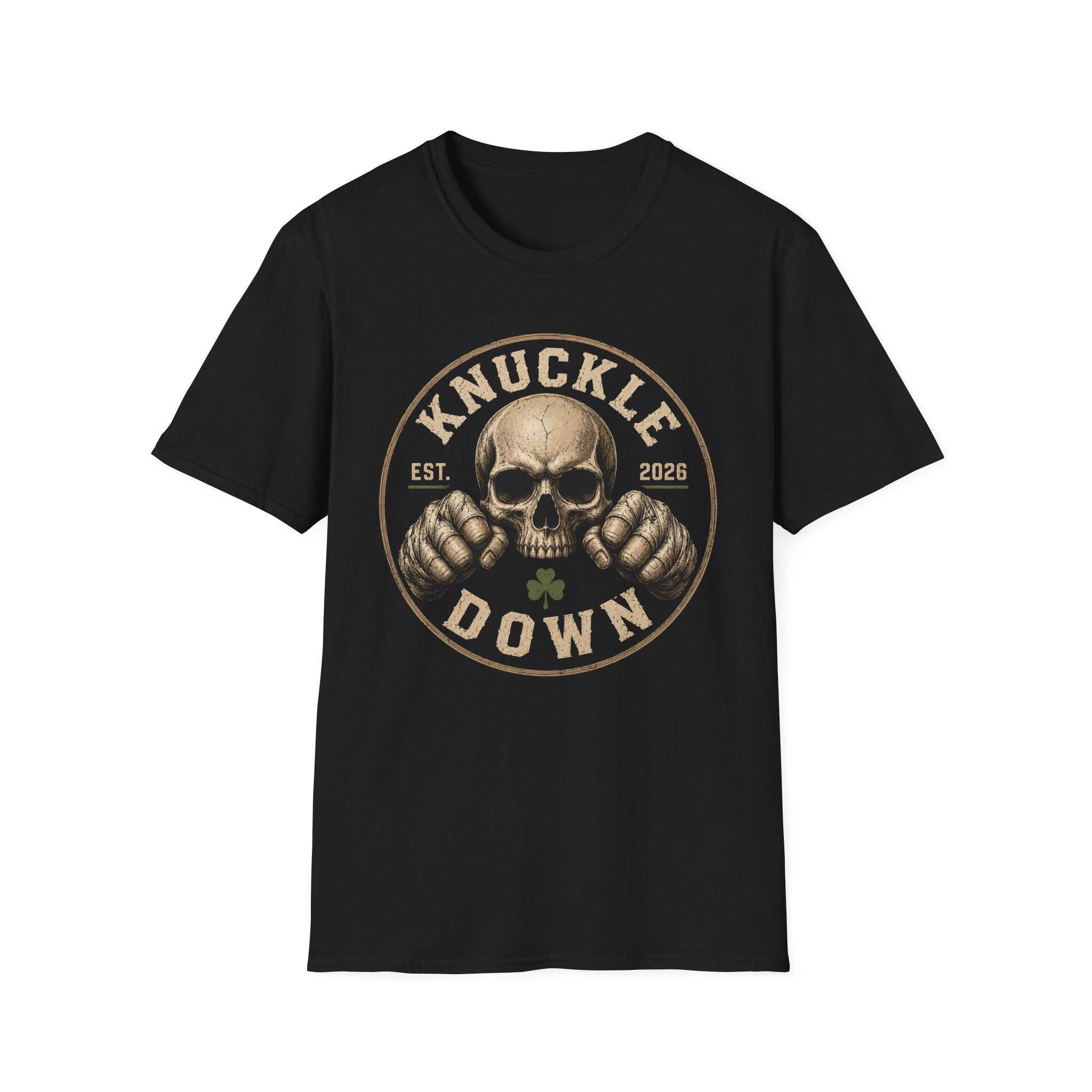 Knuckle Down Skull T-Shirt vintage skull and clenched knuckles design on soft ring-spun cotton tee