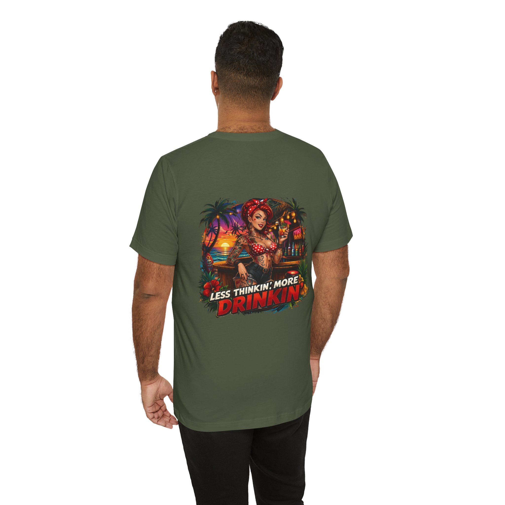 Beach Pinup T‑Shirt — "Less Thinkin', More Drinkin'" Retro Tropical Tee