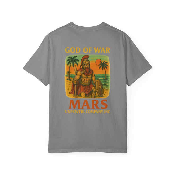 Warrior Mars T-shirt with God of War design on gray garment-dyed cotton tee