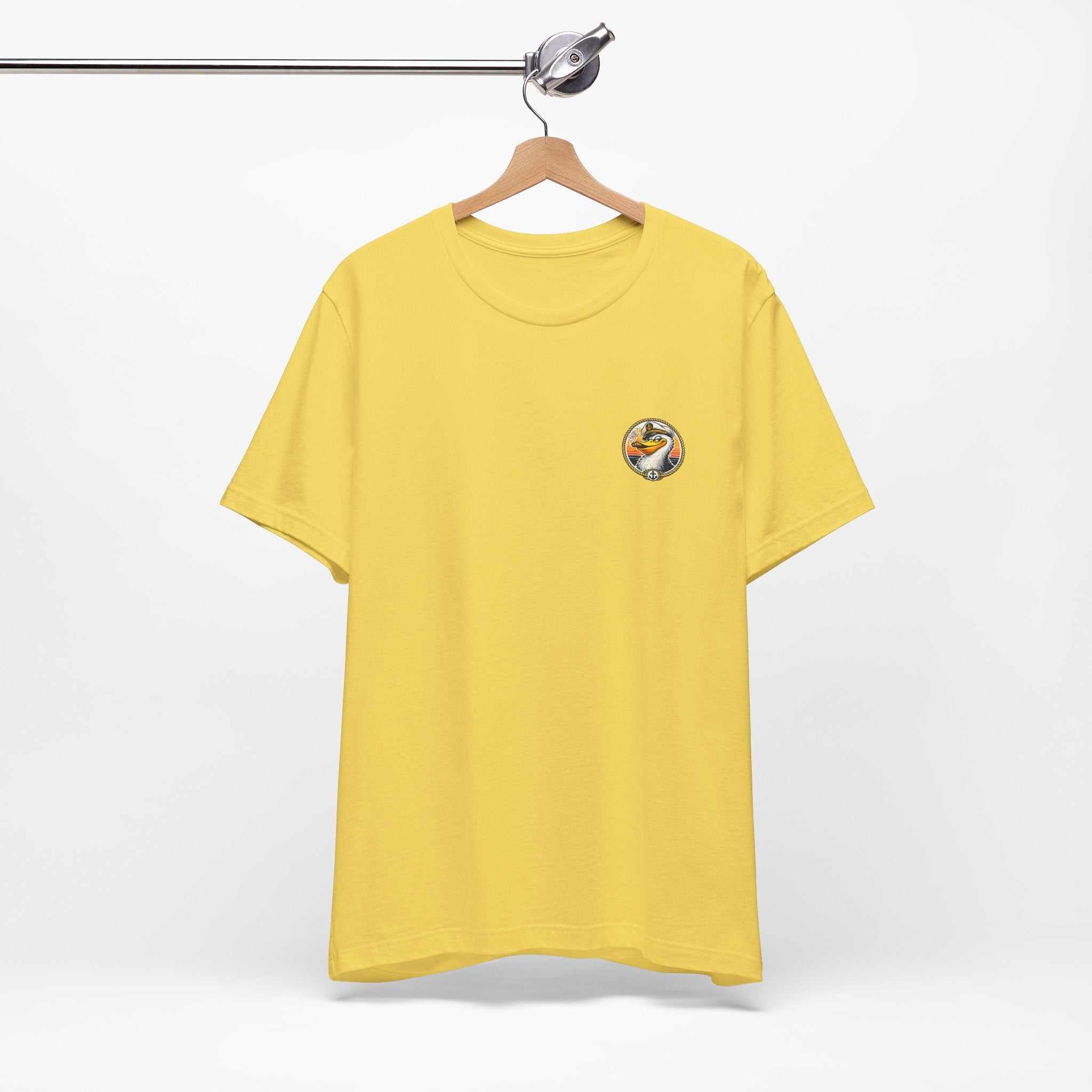 T-Shirt — Retro Pelican on Inflatable Tube Graphic Tee (Beach Vacation, Tropical Sunset)