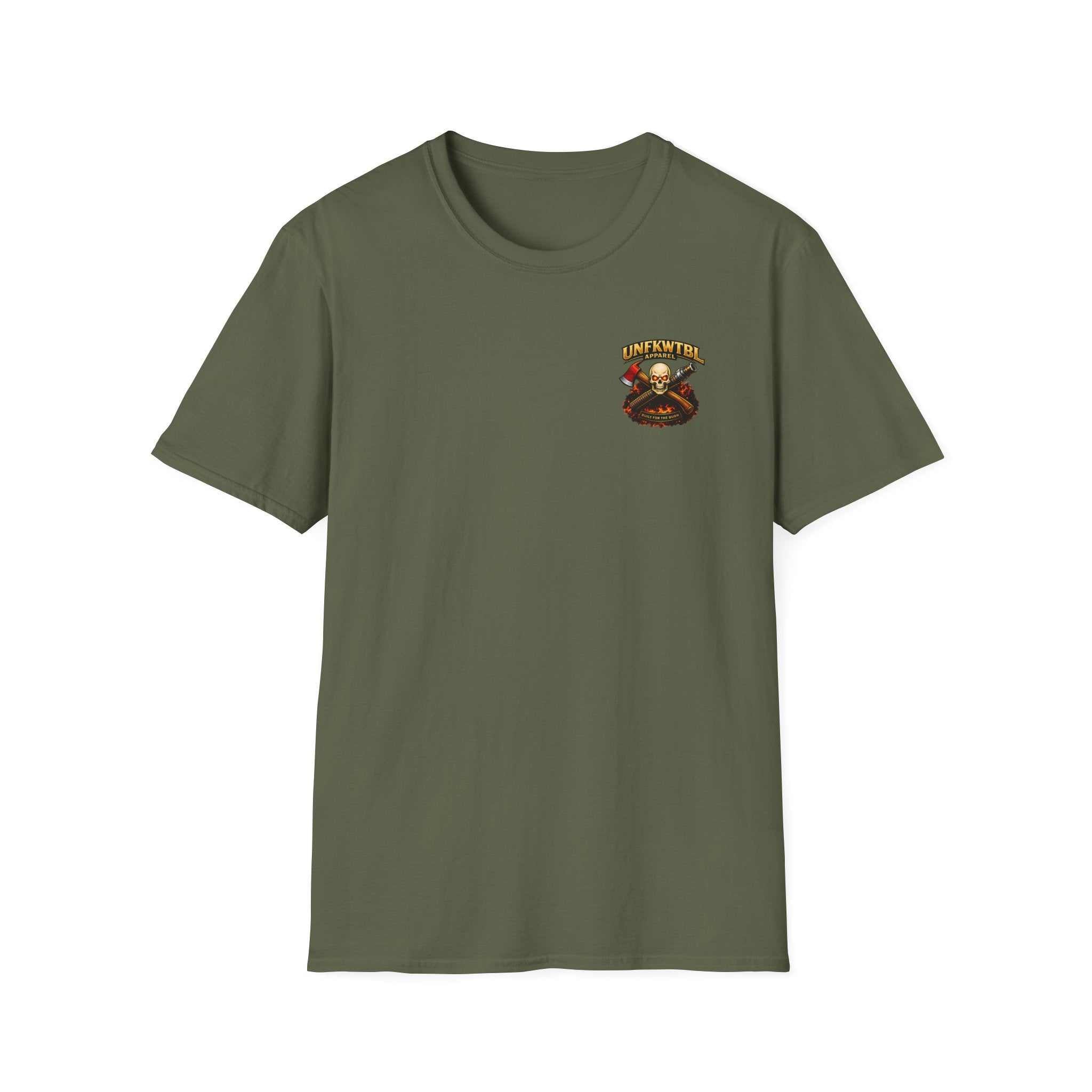 Firefighter T-shirt with "UNFKWTBL Apparel: We Handle The Hose" graphic and rescue scene design