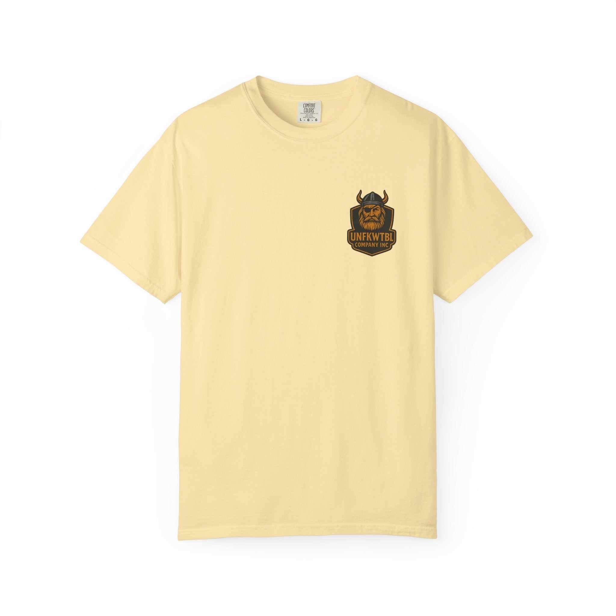 unisex garment-dyed Tropical Humor T-Shirt in soft yellow with logo print, casual summer tee for beachwear and vacation attire