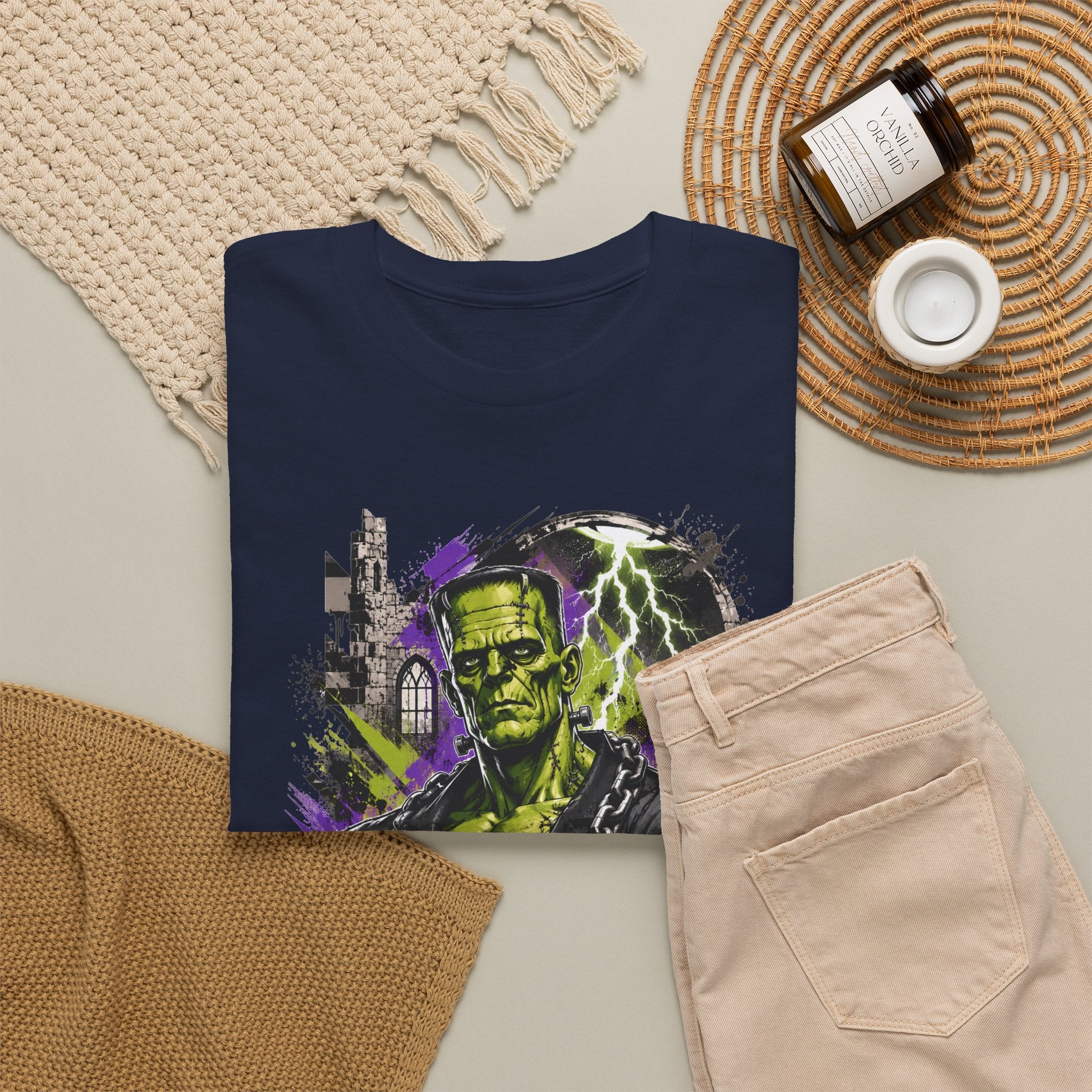 Frankenstein Monster Abstract Tee — "UNFKW TBL" Neon Horror Graphic Shirt