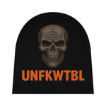 Black beanie hat with skull and UNFKWTBL logo printed in orange, made of stretch polyester, one size fits all