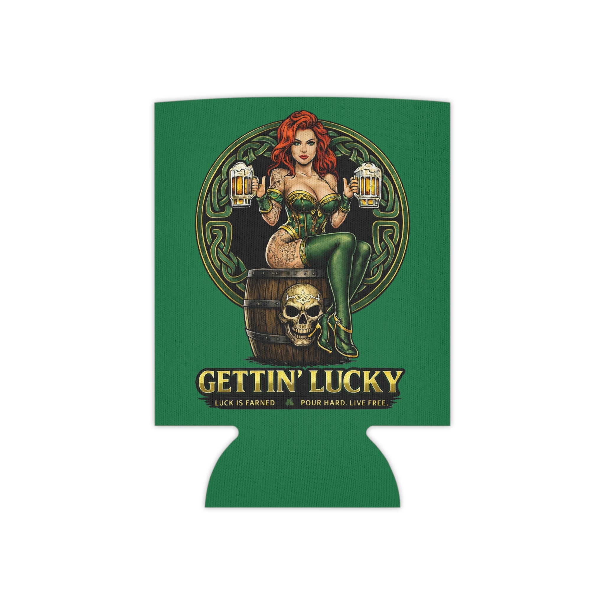 Gettin' Lucky / Stay Cold Can Cooler — St. Patrick's Day Pinup Beer Koozie