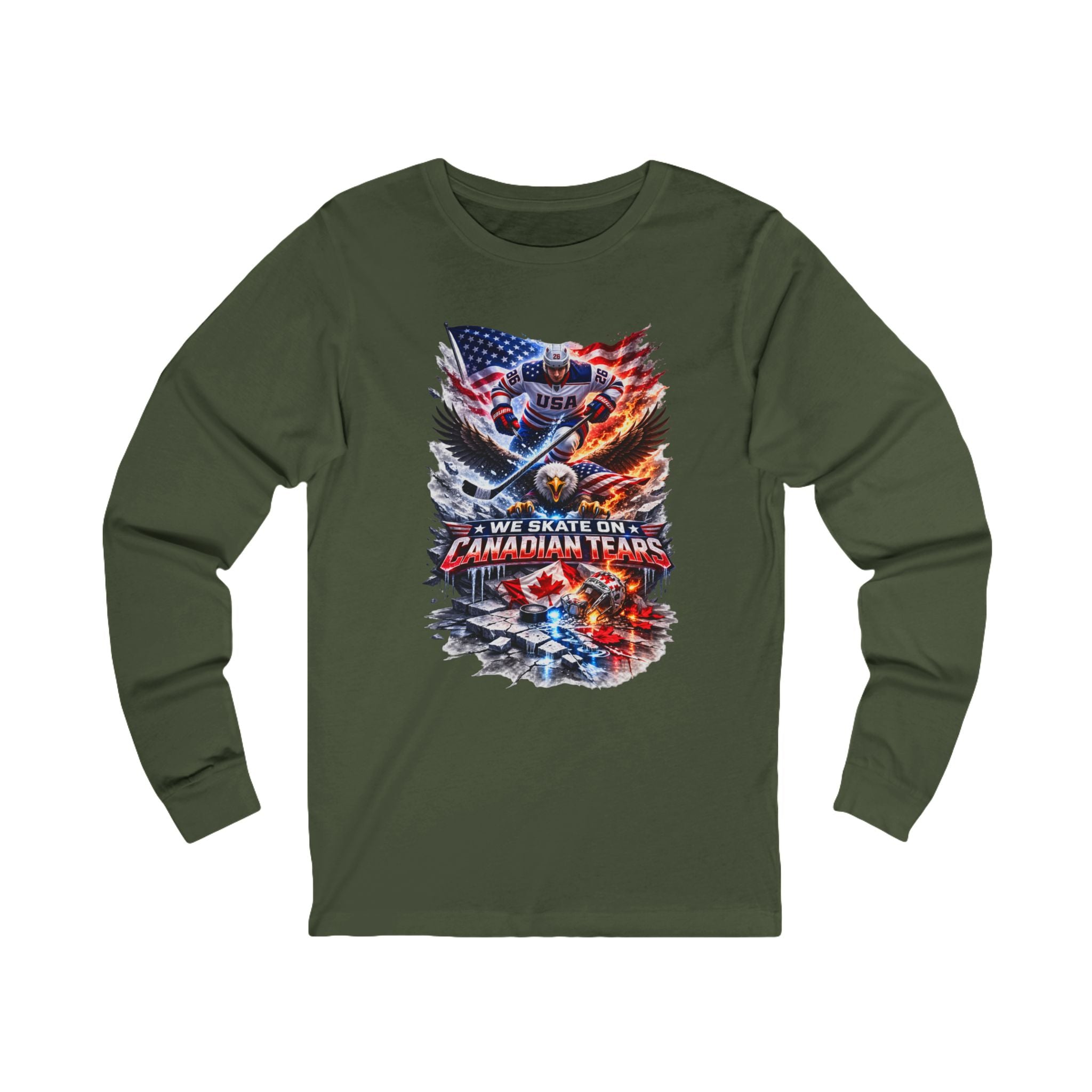 Hockey Player USA Flag Long Sleeve Tee – “We Skate On Canadian Tears” Patriotic Hockey Shirt