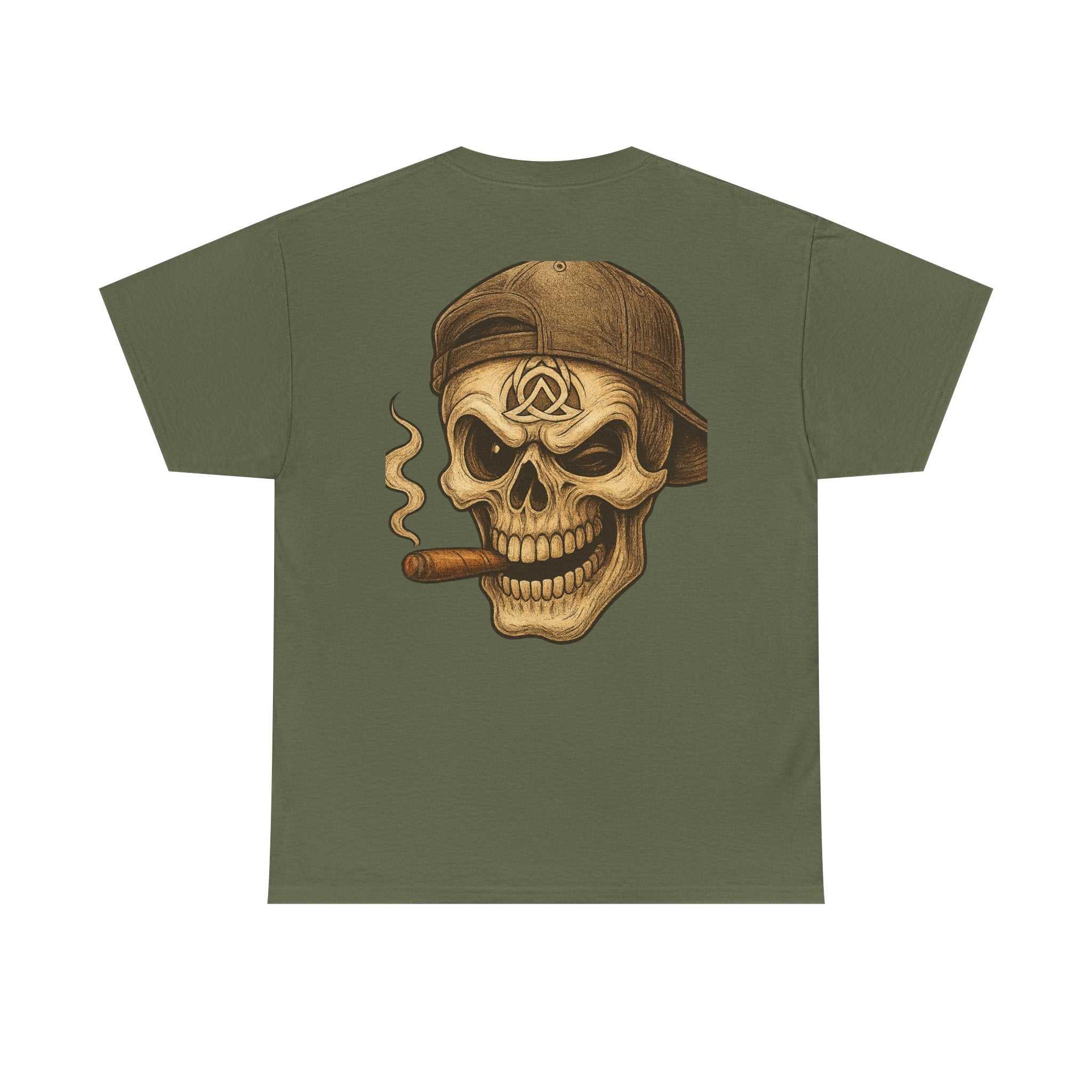 Vintage Skull Cigar Tee with vintage skull wearing backward cap and smoking cigar graphic on back
