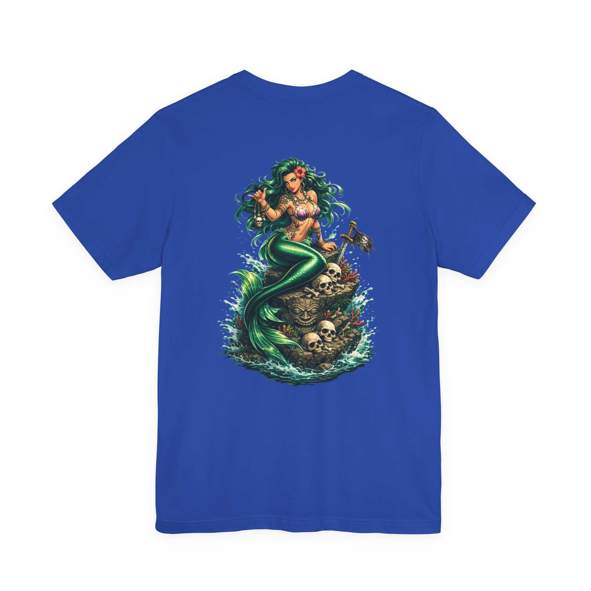 Vintage green Mermaid Skull Art Tee featuring a detailed mermaid skull graphic on a soft cotton t-shirt