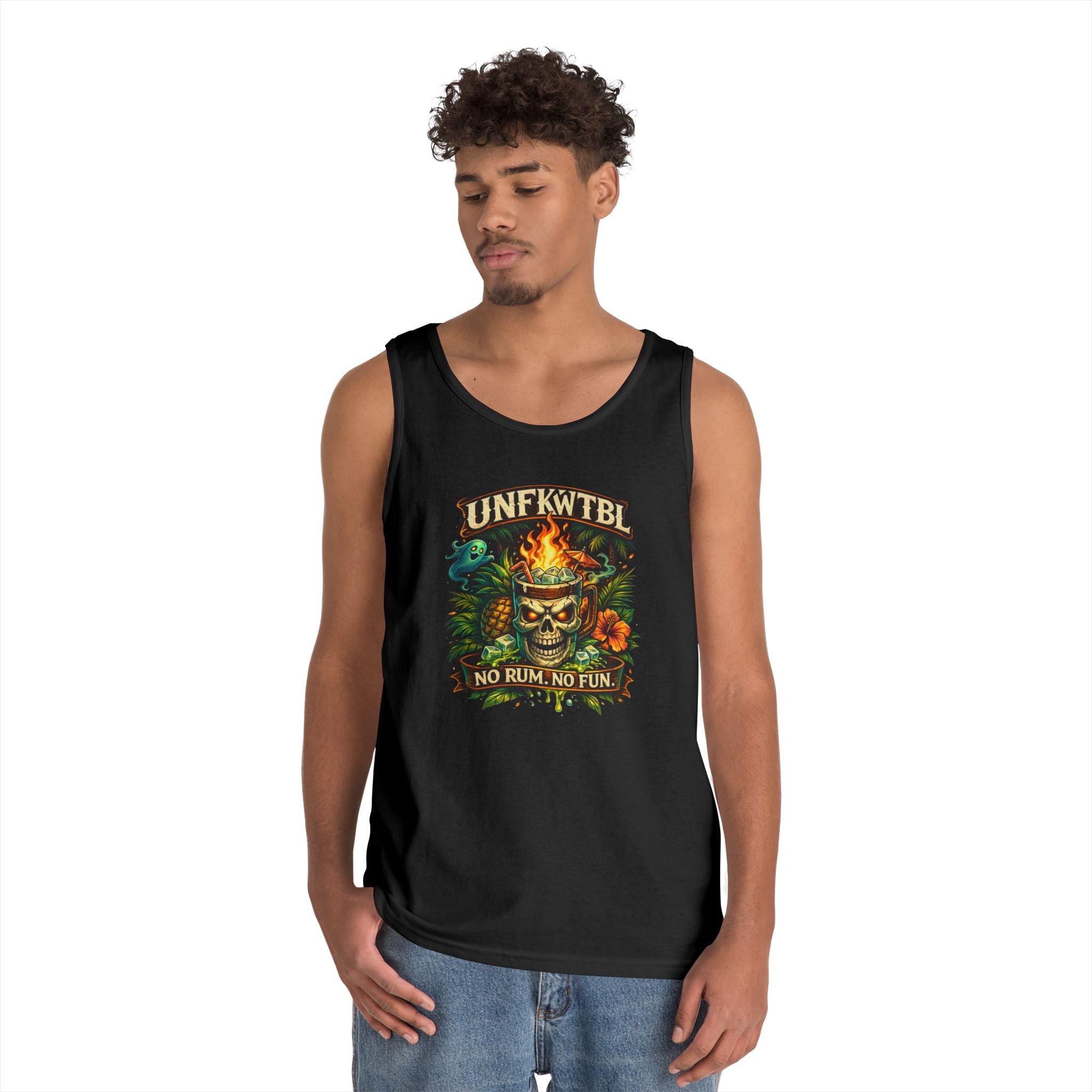 Tiki Skull Tank Top — “No Rum, No Fun” Tropical Beach Party Graphic Tank