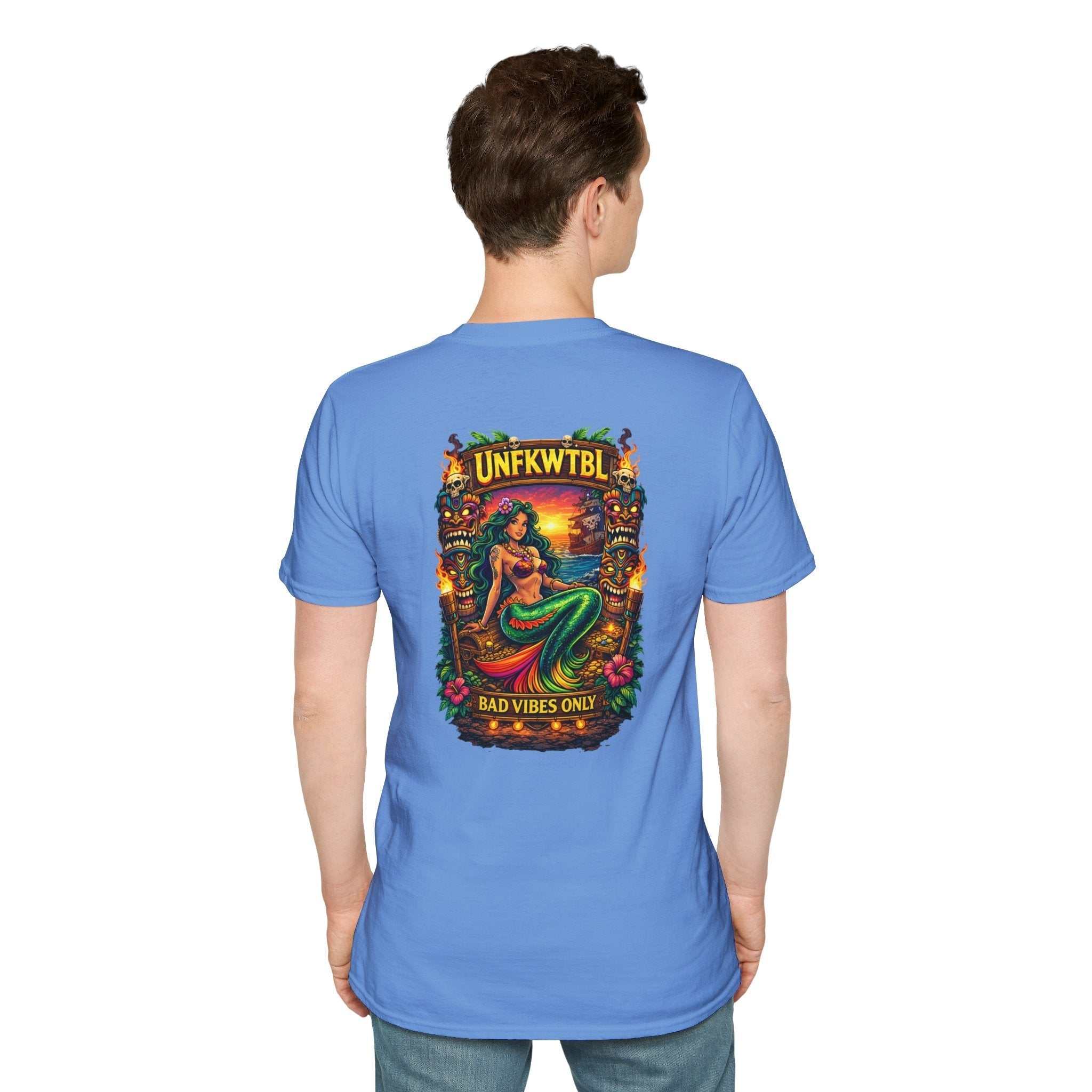 Bad Vibes Only mermaid sunset t-shirt with retro island graphic and tropical beach vibes