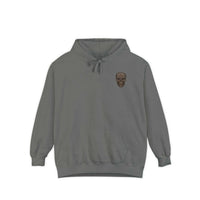 Unisex garment-dyed hoodie in gray with skull graphic, ring-spun cotton blend, relaxed fit, and hooded design.
