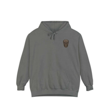 Unisex garment-dyed hoodie in gray with skull graphic, ring-spun cotton blend, relaxed fit, and hooded design.