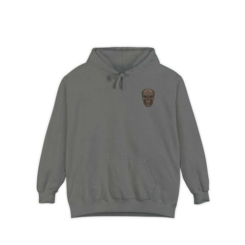 Unisex garment-dyed hoodie in gray with skull graphic, ring-spun cotton blend, relaxed fit, and hooded design.