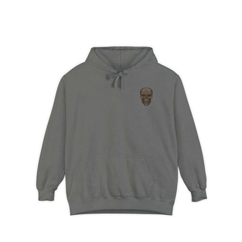 Unisex garment-dyed hoodie in gray with skull graphic, ring-spun cotton blend, relaxed fit, and hooded design.