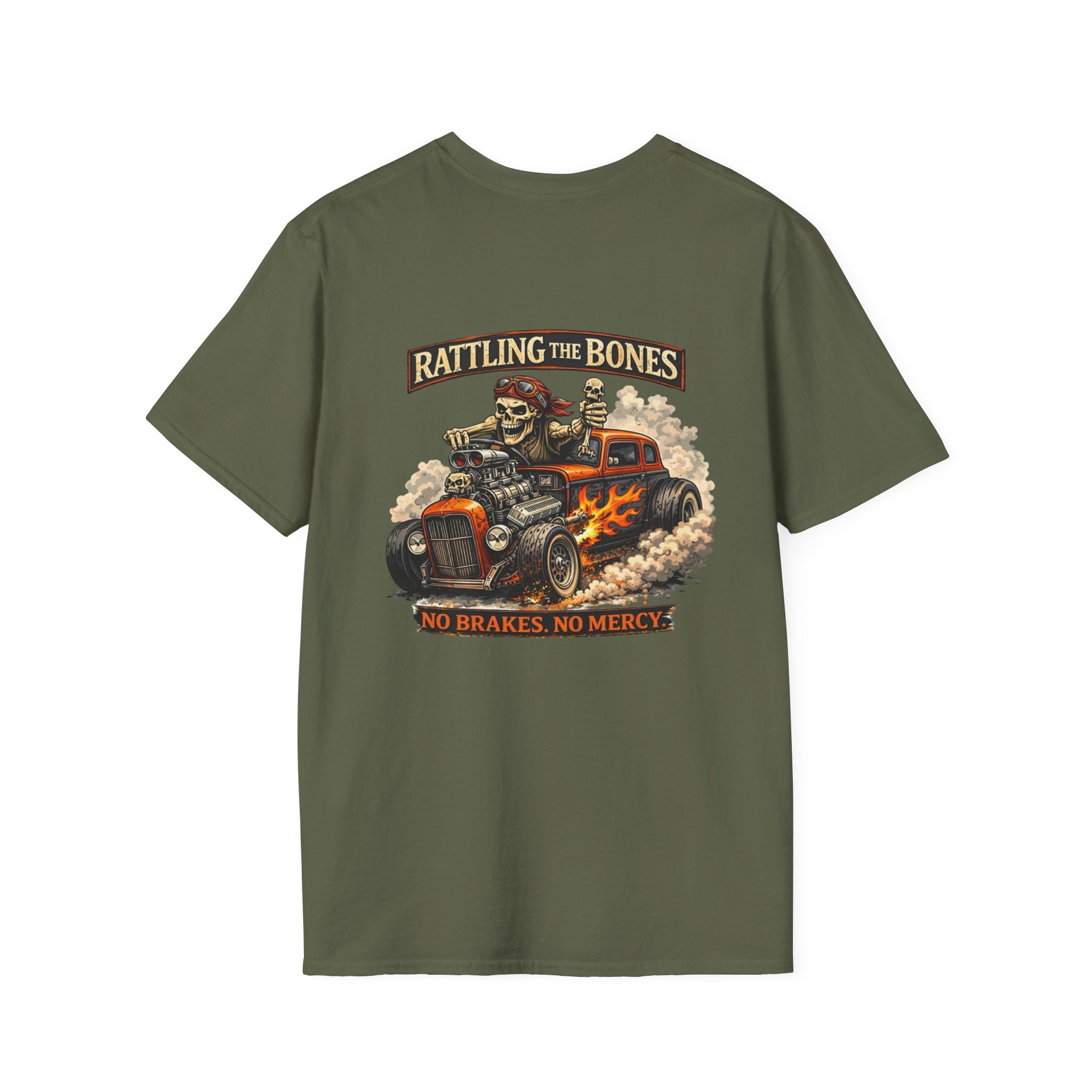 Rattling the Bones Hot Rod T-Shirt — "No Brakes, No Mercy" Skull Car Graphic Tee