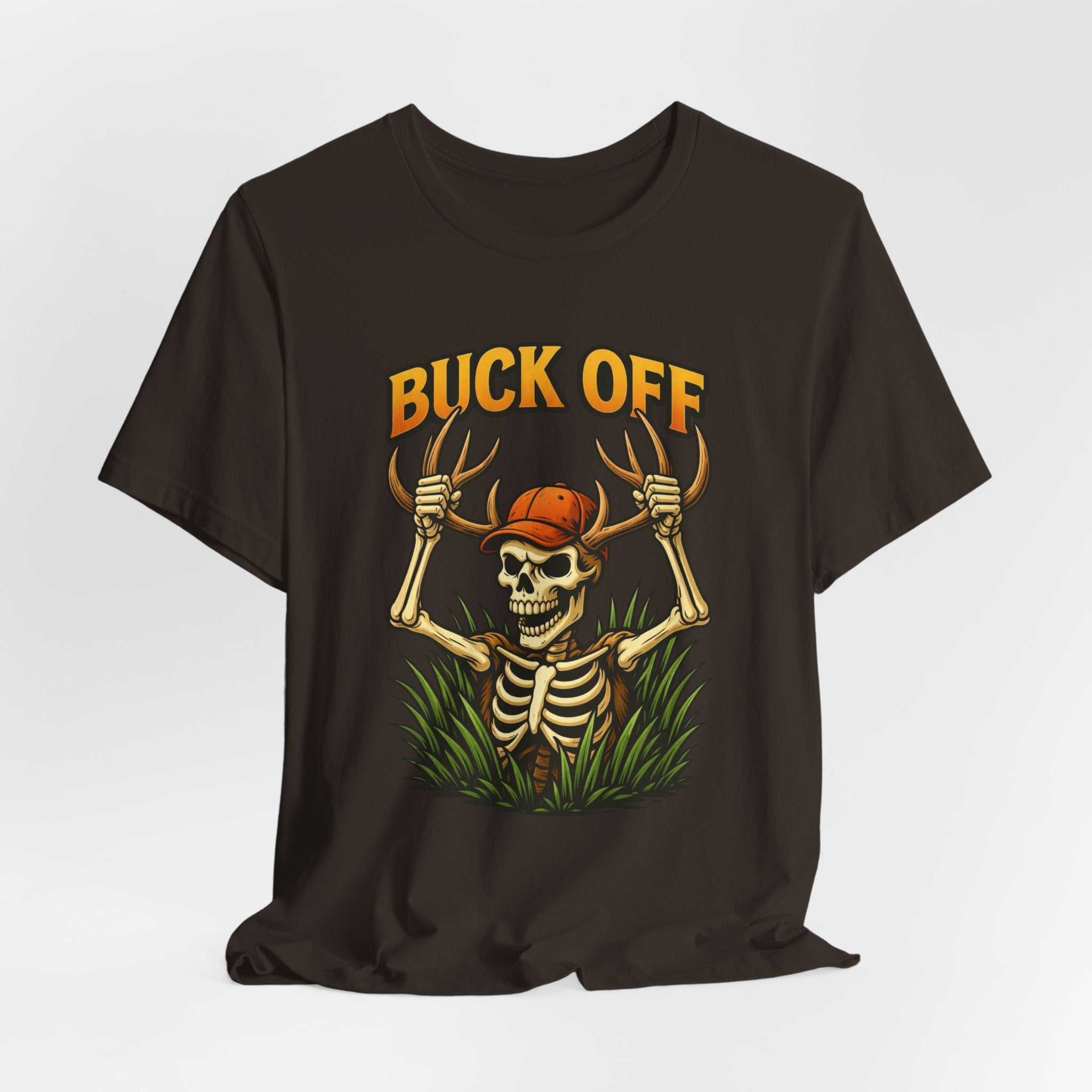 Buck Off Skeleton hunting t-shirt with grinning skeleton and camo design