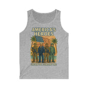 Gray patriotic heroes tank top with "America's Heroes" text and military personnel graphic