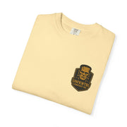 Folded vintage Frankenstein T-shirt in light yellow with graphic logo on front pocket area