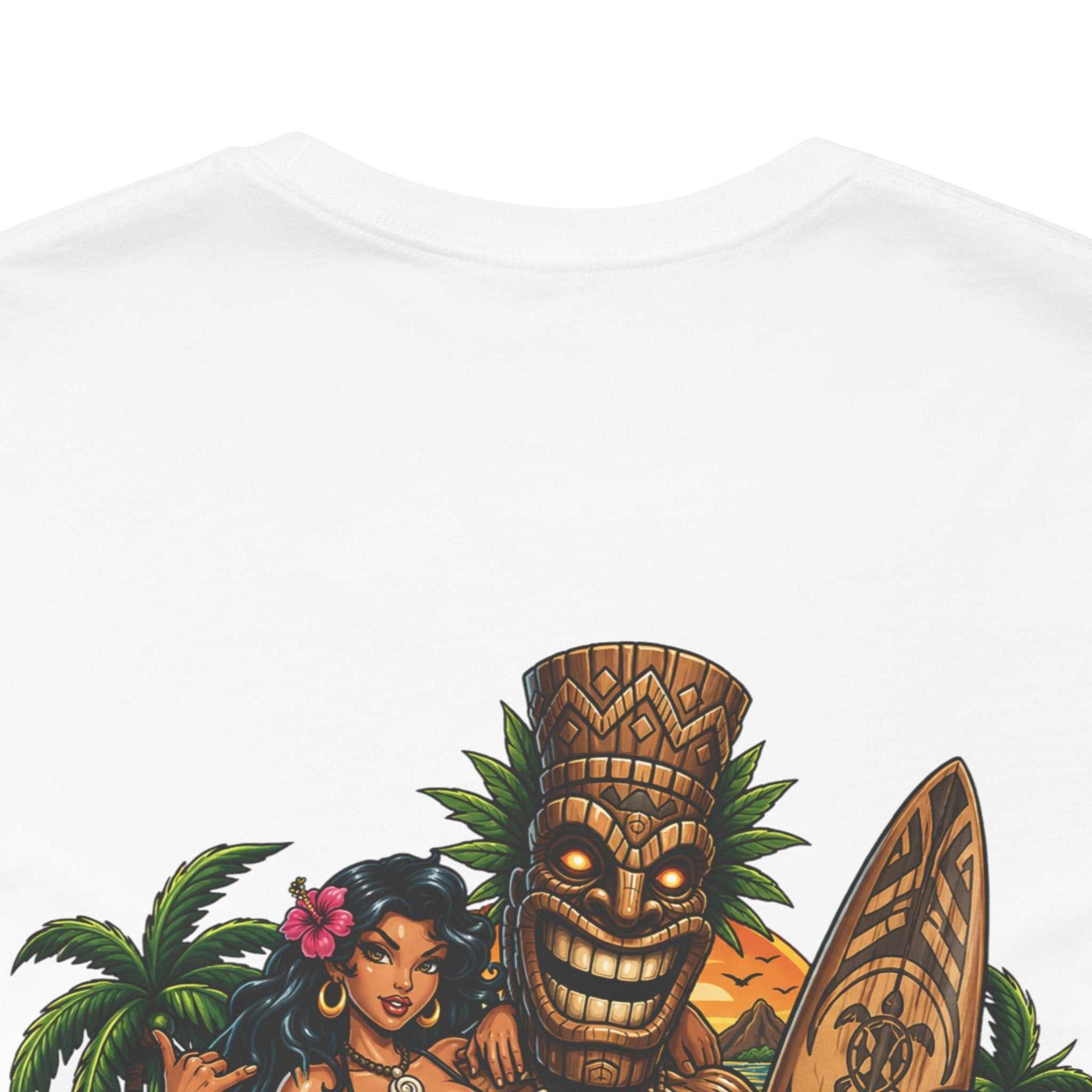 Tropical Tiki Tee with tiki, hibiscus flowers, and waves on back, soft breathable cotton island vibe shirt