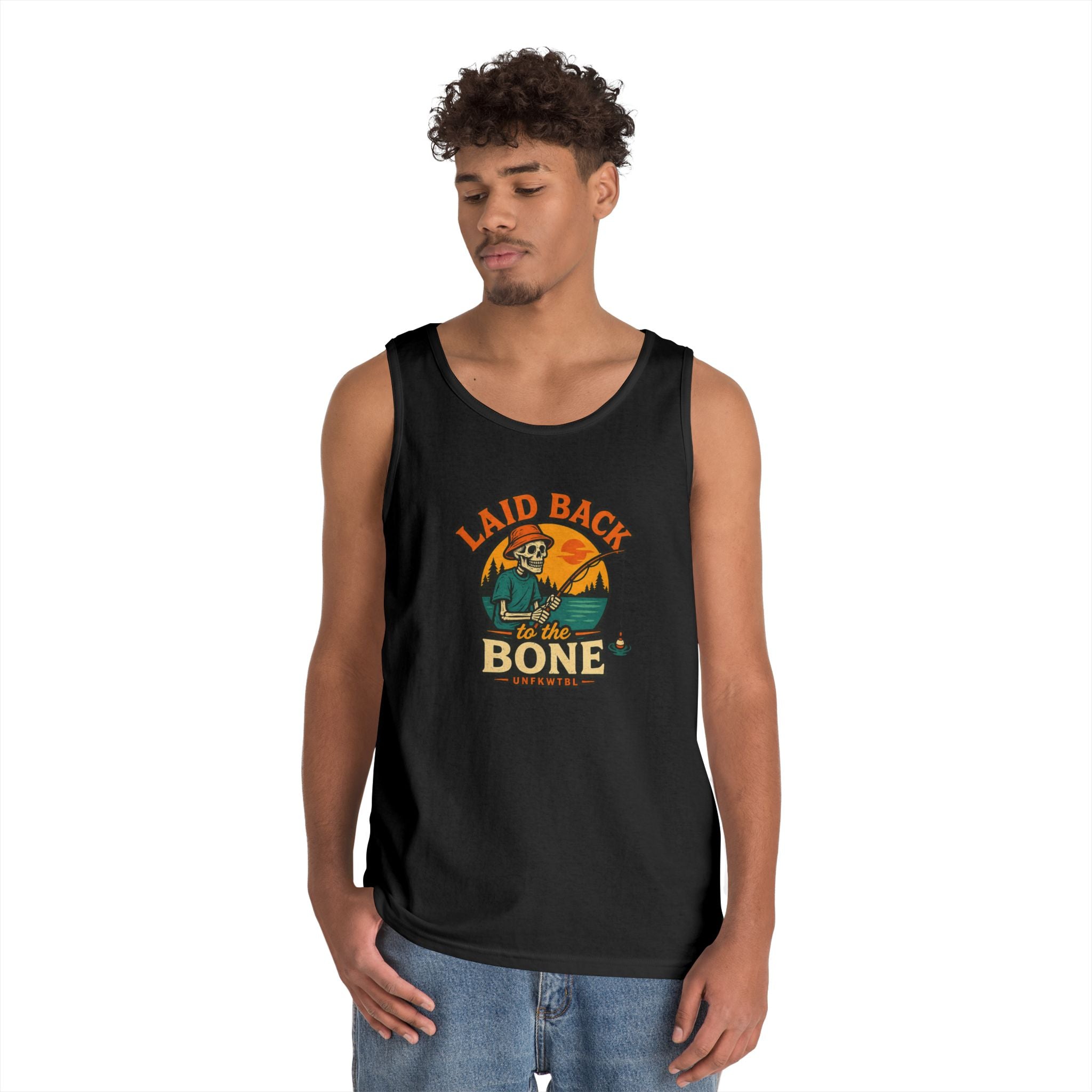 Laid Back to the Bone Tank Top — Retro Skull & Sunset Summer Graphic