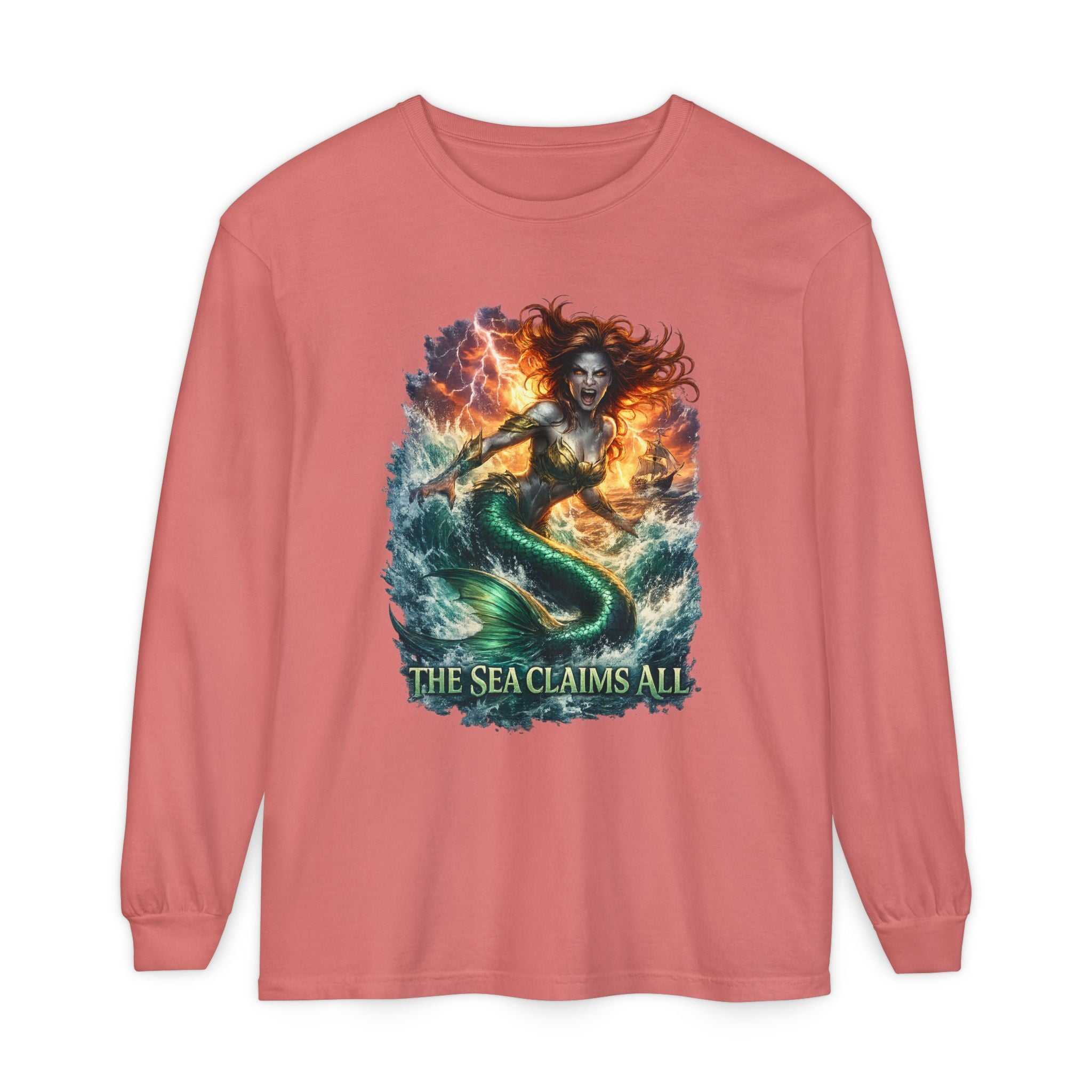 Mermaid Graphic Long Sleeve Tee with fierce mermaid and "The Sea Claims All" nautical design on soft vintage cotton