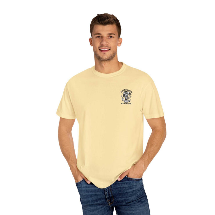 Medusa Beauty T-shirt with strawberry daiquiri design in cream color, unisex style, worn by smiling male model