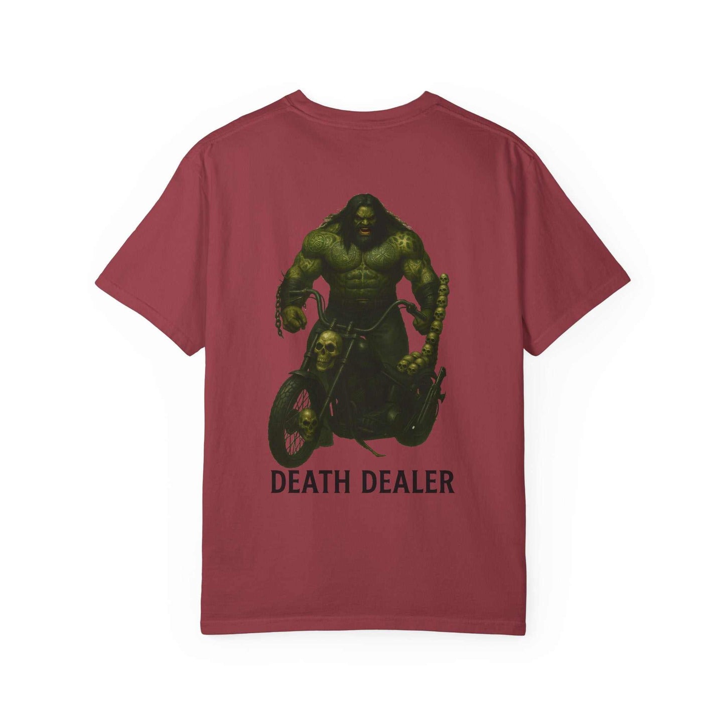 Unisex maroon garment-dyed Death Dealer t-shirt with skull chopper motorcycle graphic