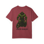 Unisex maroon garment-dyed Death Dealer t-shirt with skull chopper motorcycle graphic