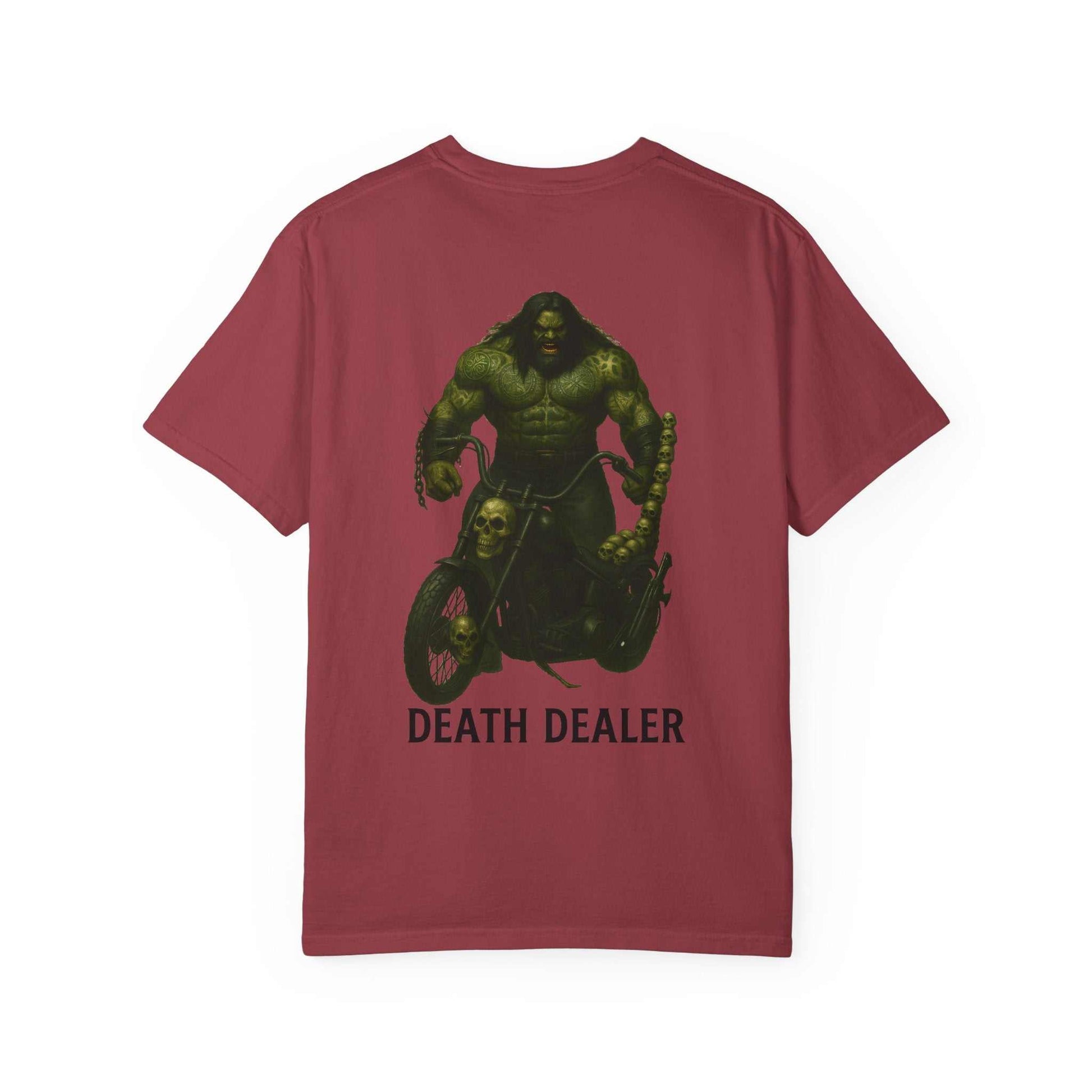 Unisex maroon garment-dyed Death Dealer t-shirt with skull chopper motorcycle graphic