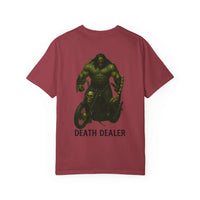 Unisex maroon garment-dyed Death Dealer t-shirt with skull chopper motorcycle graphic