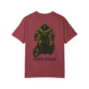 Unisex maroon garment-dyed Death Dealer t-shirt with skull chopper motorcycle graphic